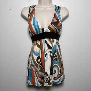 VTG 90s Women Babydoll Top Large Empire Waist 70s Groovy Stretch Y2K Tie Back